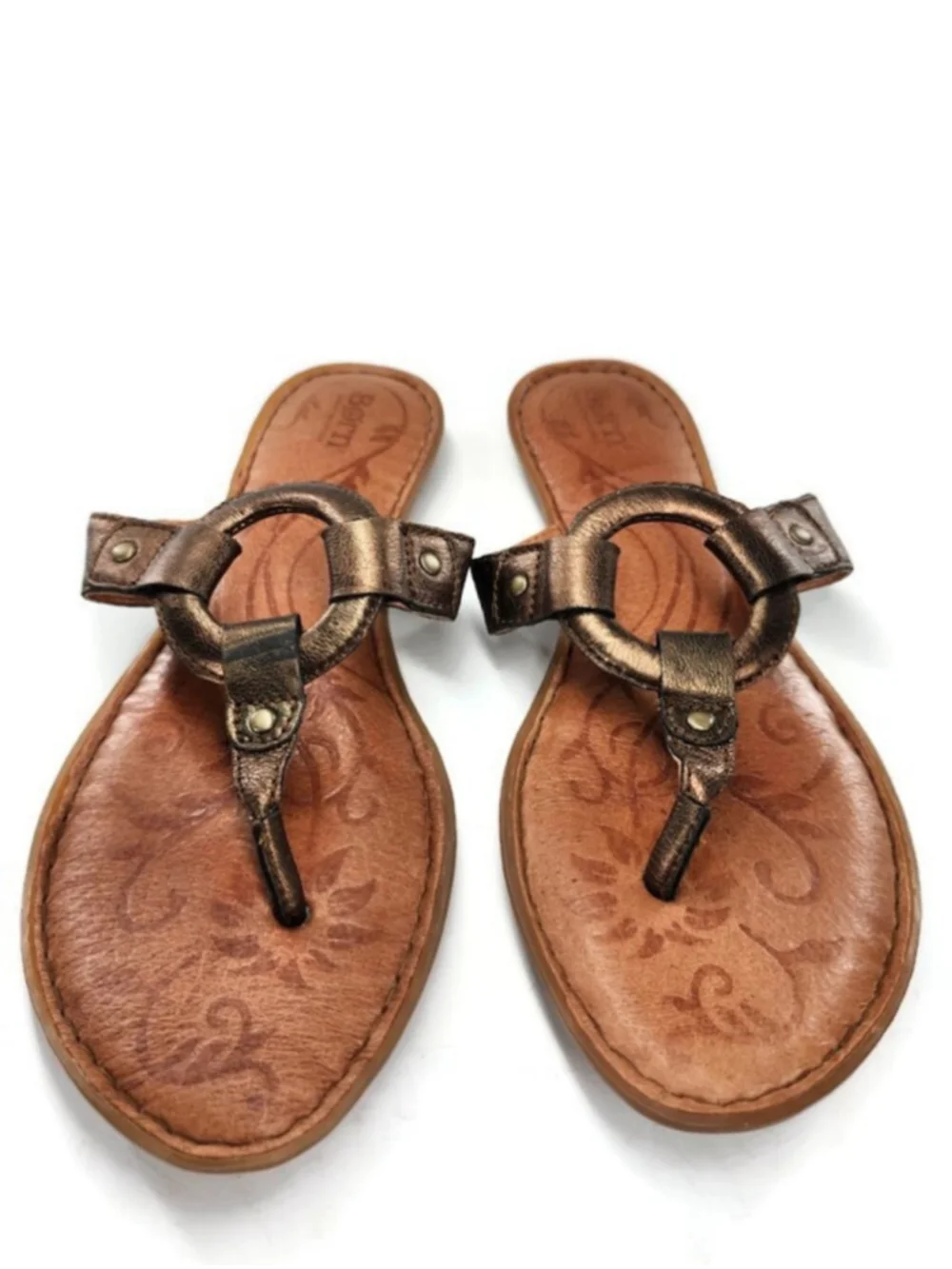 Born Bronze Metallic Leather Ring Accent Flat Slide-On Post-Toe Thong Sandals